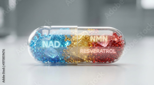 Nad nmn resveratrol combo capsule supplement vitamin antioxidant pill medicine colorful transparent capsule table with granule inside nad nmn resveratrol combo concept for wellness and longevity