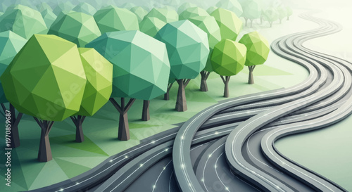 Multiple winding roads diverge and converge amidst a stylized forest of geometric trees.