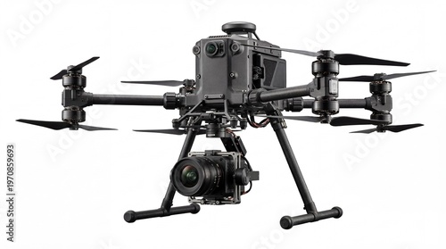 Professional Industrial Quadcopter Drone with Camera on White Background