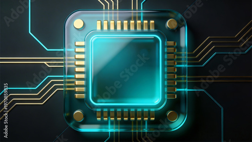 A digital technology illustration featuring a blue printed computer circuit board and microchip processor to represent electronic hardware engineering and data computing concepts