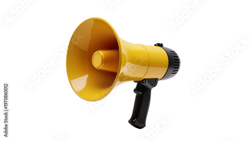 Foto Bright yellow megaphone with black handle, amplifying sound for announcements