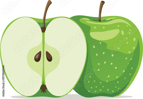 A vibrant illustration depicts a whole and a halved green apple showcasing its interior high quality professional detailed modern elegant stylish