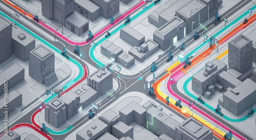 An aerial view of a futuristic city intersection with autonomous vehicles navigating colored lanes.