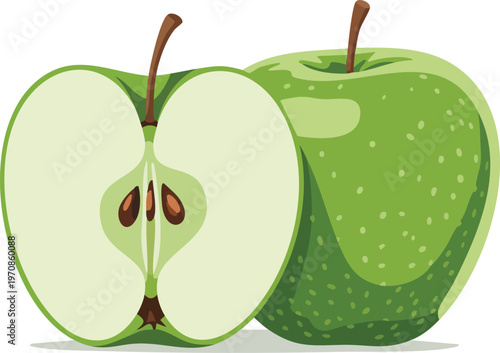 A vibrant illustration depicts two green apples one halved to reveal its core high quality professional detailed modern elegant stylish clean