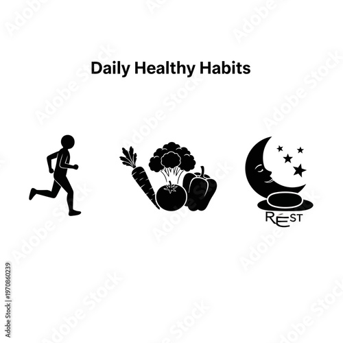 Healthy lifestyle habits silhouette icons set.
