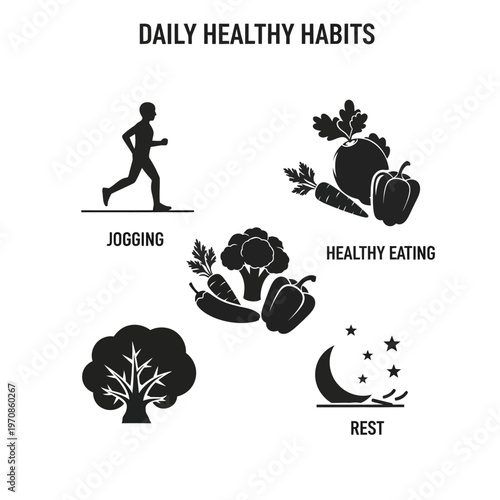 Healthy lifestyle habits silhouette icons.