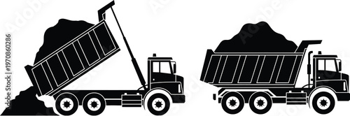 dump truck silhouettes set, construction tipper truck unloading soil and gravel, heavy equipment vehicle vector illustration isolated on white background, industrial transport and building machinery