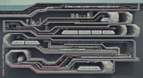 Complex underground subway system with multiple tracks, trains, and junctions, illustrating intricate urban transportation infrastructure.