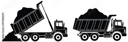 dump truck silhouettes set, construction tipper truck unloading soil and gravel, heavy equipment vehicle vector illustration isolated on white background, industrial transport and building machinery