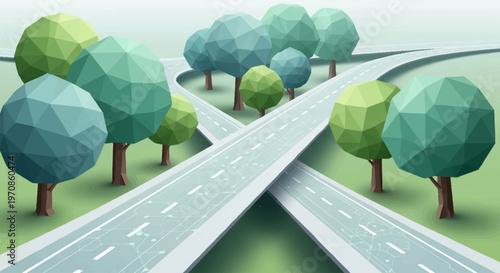 An abstract, low-poly illustration of a road intersection with stylized trees and a soft, gradient background.
