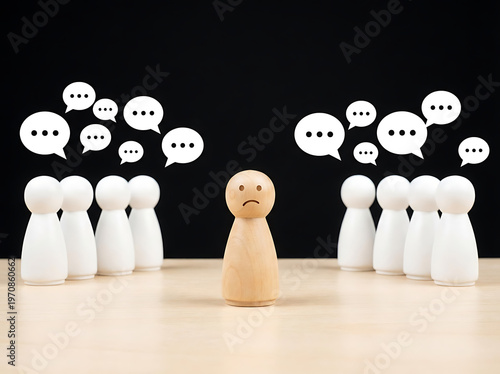 Sad Wooden Figure Isolated by White Figures with Speech Bubbles