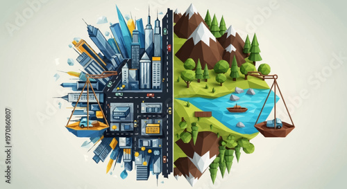 A visual representation of the balance between urban development and the natural environment, with a scale symbolizing their equilibrium.
