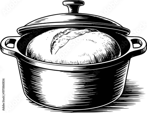 Black and white of a rustic loaf of bread baking in a cast iron Dutch oven