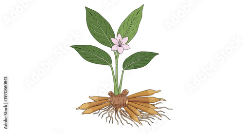 Hand Drawn Illustration of Fingerroot Plant with Rhizomes and Roots