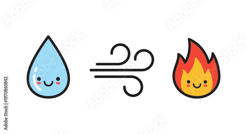 Smiling Water Droplet Wind Flame Icons.