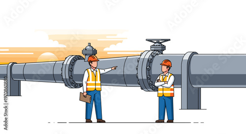 Two male workers in safety vests and hard hats are inspecting a large industrial pipeline with a valve.