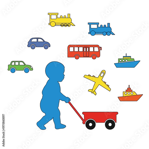 Toddler pulling red toy wagon outdoors.