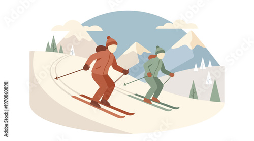 Two vibrant individuals gracefully navigating a pristine snowy mountain landscape on skis, embracing the exhilarating spirit of winter sports and outdoor adventure during a picturesque day