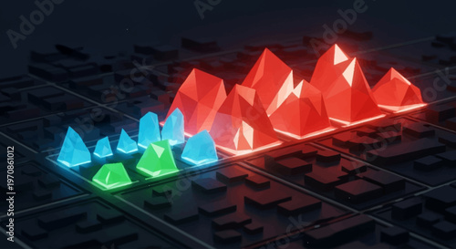 Abstract visualization of data representing growth and decline, with colorful crystalline structures emerging from a dark cityscape.