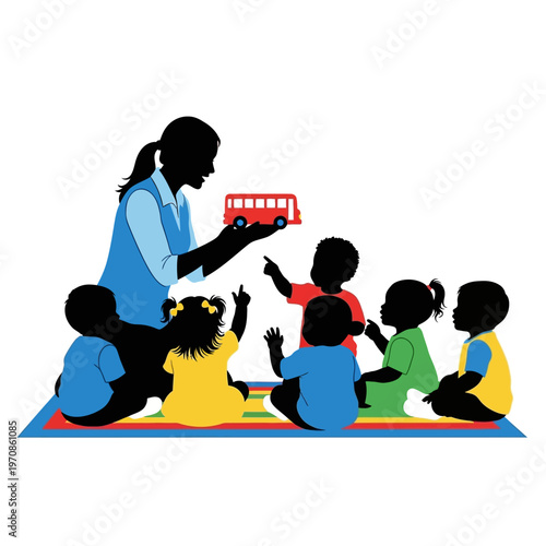 Woman and children with toy bus.