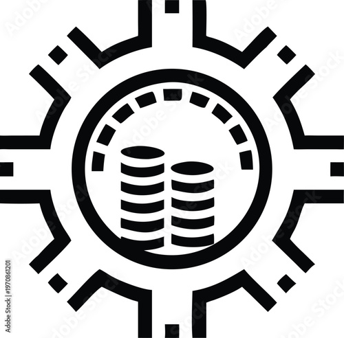 Financial gear mechanism with stacked coins representing economic management and business strategy