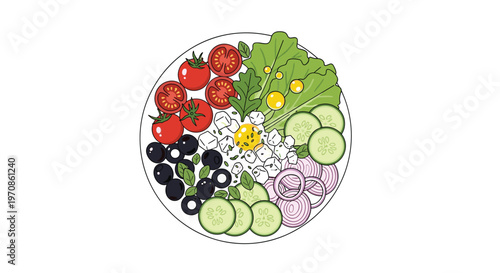 A round white plate holds a colorful Greek salad with tomatoes, olives, cucumbers, red onions, feta, and lettuce, drizzled with dressing.