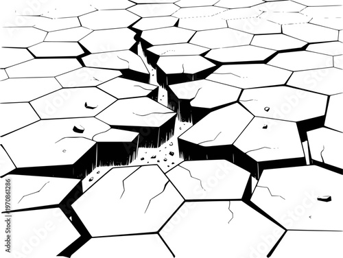Cracked hexagonal ground surface with deep fissure and falling debris in black and white