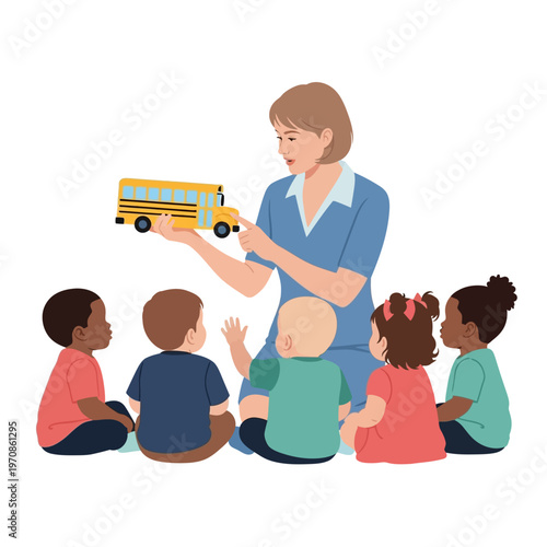 Woman teaching children with toy bus.
