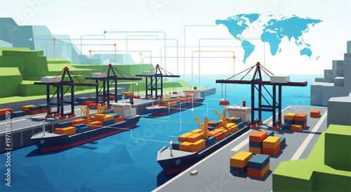 Modern container port with cargo ships, cranes, and global logistics network visualization.