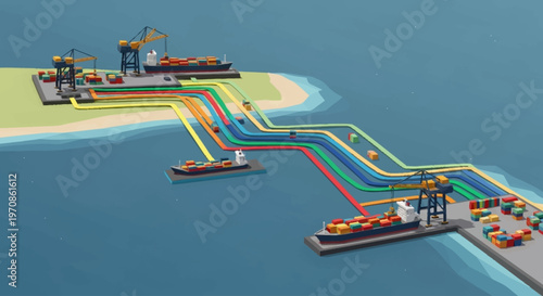 A stylized isometric illustration depicting a busy shipping port with cargo ships, cranes, and colorful pipelines connecting to land.