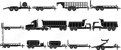Set of truck trailers and transport vehicles silhouettes, cargo logistics equipment collection with different trailer types isolated on white background vector design