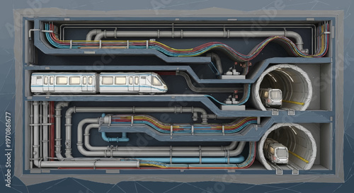 Cross-section view of a complex underground tunnel system with trains, pipes, and cables.