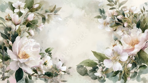 The image features a delicate arrangement of soft pink and white flowers intertwined with lush green leaves, forming a gentle