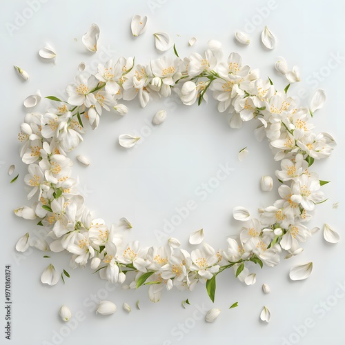 The image features a circular arrangement of delicate white flowers with yellow centers, laid out on a light background