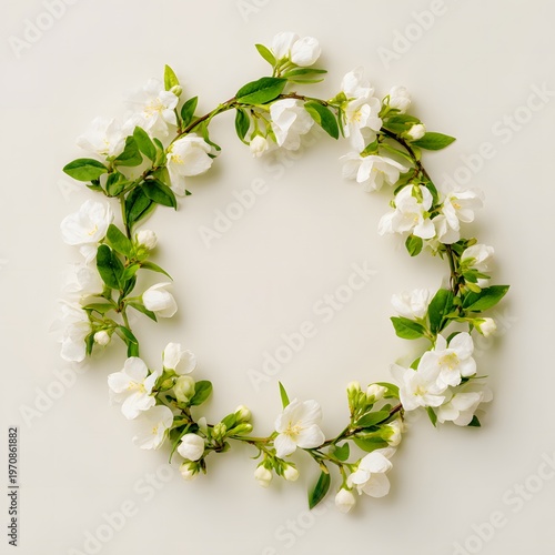 A delicate floral wreath composed of white blossoms and green leaves is arranged in a circular shape on a plain, light background