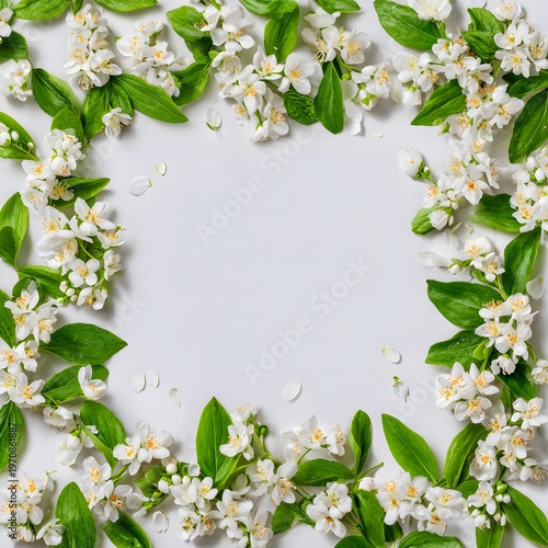 The image features a square arrangement of delicate white flowers with yellow centers, surrounded by vibrant green leaves