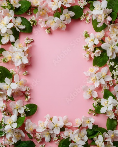 The image features a flat pink background bordered by a dense arrangement of white and pale pink flowers, along with green leaves