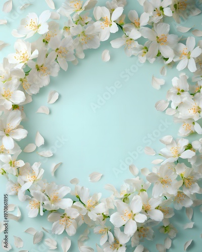 The image features a circular arrangement of delicate white flowers, possibly jasmine or similar blossoms, set against a soft