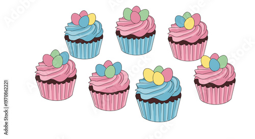 Seven illustrated cupcakes with pink and blue wrappers, topped with frosting and pastel Easter eggs, are scattered on a white background.