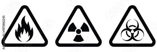 hazard symbols collection with flammable, radioactive and biological danger signs, vector icon set in black and yellow, warning symbols for chemical and fire hazards, perfect for safety guides