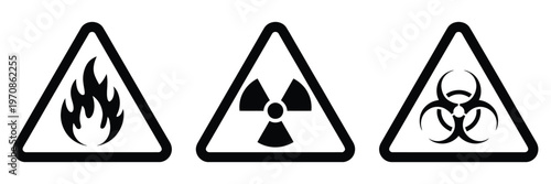 hazard symbols collection with flammable, radioactive and biological danger signs, vector icon set in black and yellow, warning symbols for chemical and fire hazards, perfect for safety guides