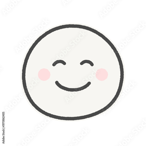 頬を赤らめて笑っている白い顔の絵文字 - にっこり笑顔のかわいい手書きの線アイコン - 白フチ付き