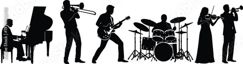 Silhouette of diverse music band performing live concert with piano guitar drums trumpet and violin, showcasing jazz, classical and rock musical ensemble energy