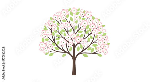 Stylized Flowering Dogwood Tree Illustration with Pink Blossoms