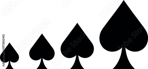Increasing size progression of spade playing cards symbols in black and white