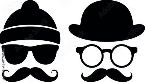 Contrasting characters wearing winter hat and classic bowler hat with sunglasses and glasses