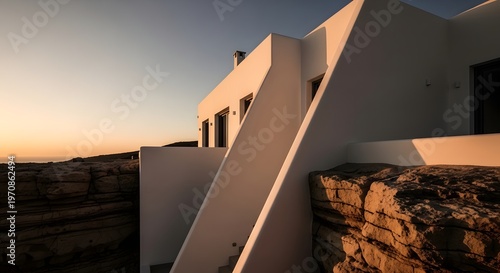 Modern White Architecture on Cliffside at Sunset