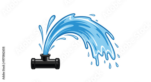A black T-shaped pipe is depicted with a forceful leak, sending a stream of blue water upwards and arcing to the right, forming droplets.