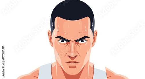 A determined man with short dark hair and a furrowed brow stares intensely forward, with visible sweat beads on his forehead and temples.