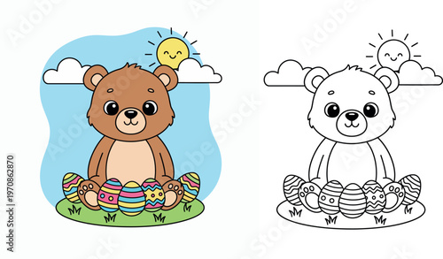 Cute Cartoon Bear with Easter Eggs on a Sunny Day